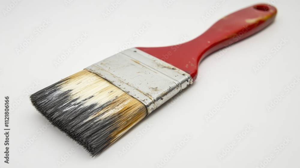 Poster red-handled paint brush with worn bristles ideal for home redecorating and artistic applications on 