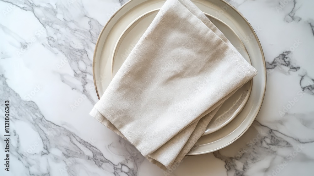 Poster Minimalist flat lay of a folded kitchen napkin on a decorative plate against a marble table background for mockup and copy space use.