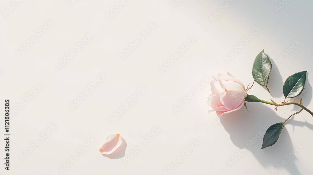 Poster delicate pale pink rose with petal on a soft white background creating a tranquil and elegant floral