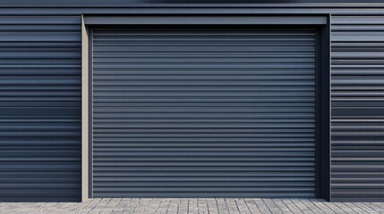 Fototapeta premium Closed gray steel shutter door with horizontal slats on a modern industrial building facade showcasing a minimalist design.