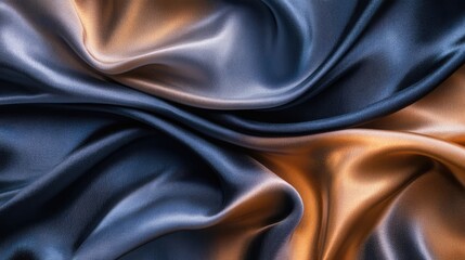 Fototapeta premium Luxury satin fabric texture with wavy folds in rich dark blue and warm orange tones ideal for elegant design backgrounds or Christmas themes