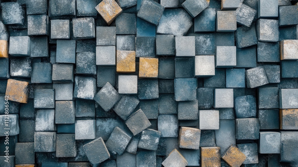 Poster Top view textured background of assorted grey building bricks illuminated by sunlight suitable for wallpaper or design projects