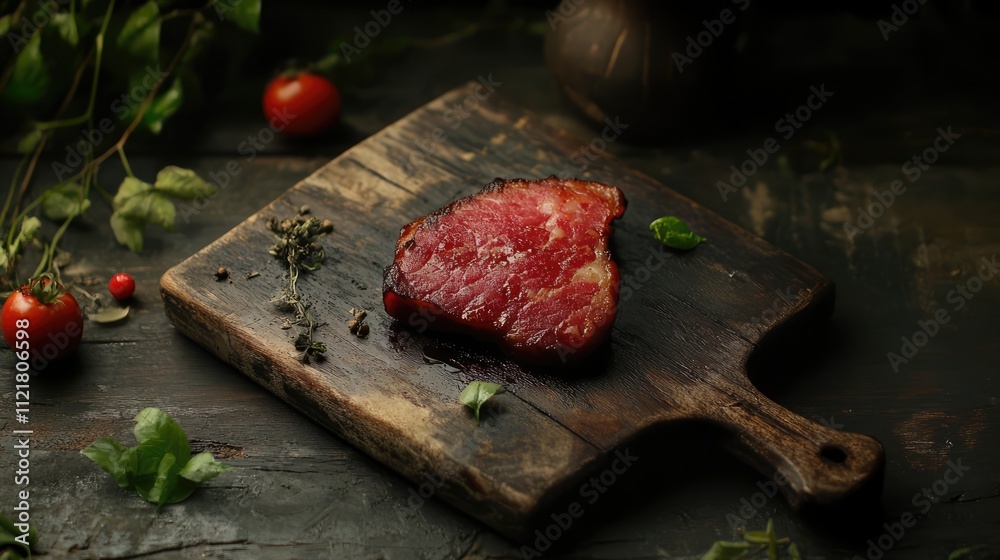 Poster savory pork ham on a rustic wooden board with fresh herbs and cherry tomatoes in a dark background s