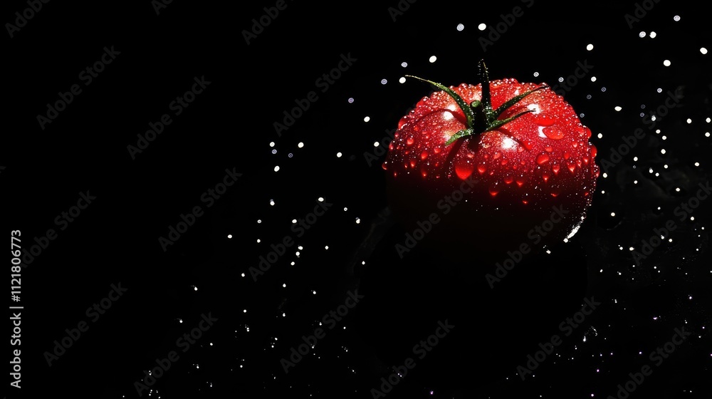 Aufkleber fresh ripe tomato with water droplets on black background dramatic shadows and ample space for text 