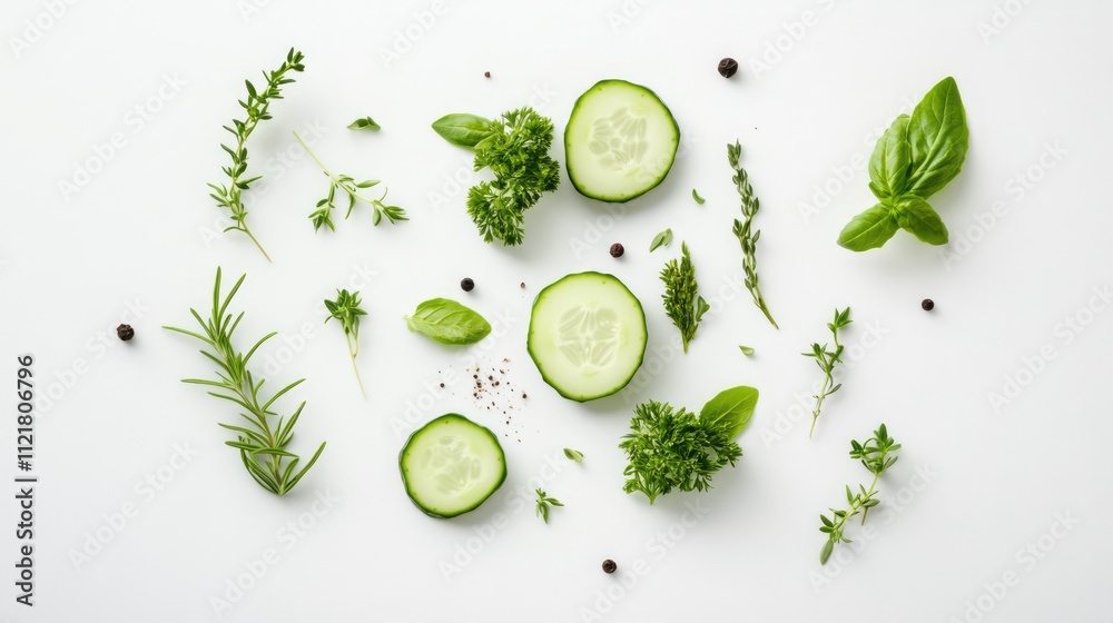 Poster Herb and cucumber display for buffet appetizers arranged artistically on a clean white background highlighting freshness and culinary appeal