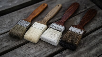 Four vintage paintbrushes arranged on weathered wooden planks showcasing diverse bristle textures and wooden handles in natural lighting.