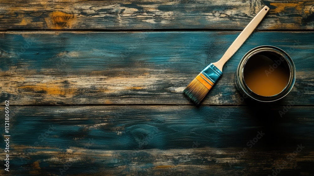 Poster top view of paint brush beside an open can on a wooden table showcasing a painting and renovation th