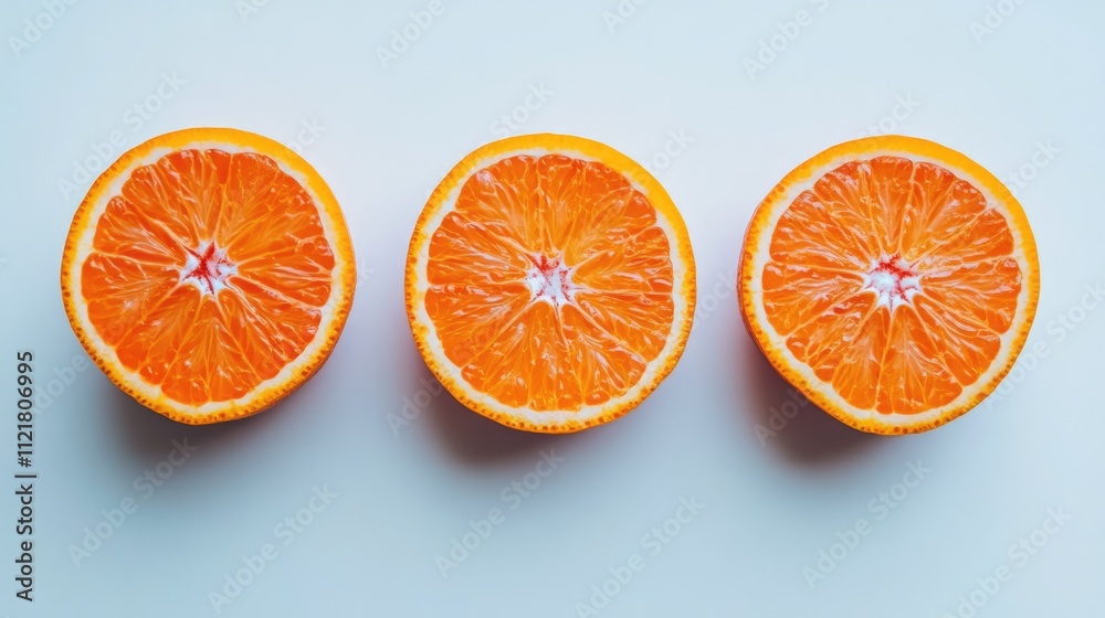 Poster three vibrant tangerine slices arranged symmetrically on a bright white background showcasing their 