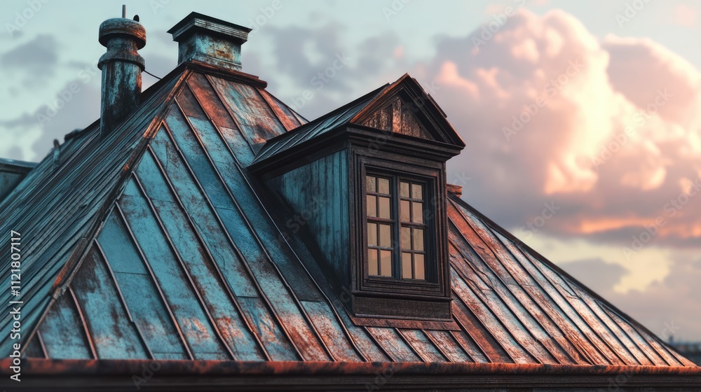 Poster weathered rooftop corner with a decorative window under a colorful sky at sunset showcasing architec