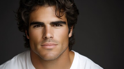 Fototapeta premium Confident young man in casual attire showcasing a striking expression against a neutral backdrop