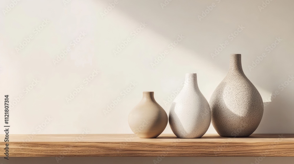 Poster three minimalist ceramic vases arranged on a wooden shelf in a modern interior with soft natural lig