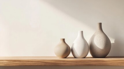 Three minimalist ceramic vases arranged on a wooden shelf in a modern interior with soft natural lighting and ample copy space