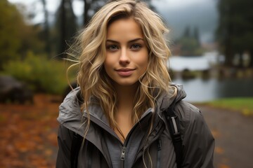 Naklejka premium Young woman with blonde hair and backpack smiles at camera outdoors.