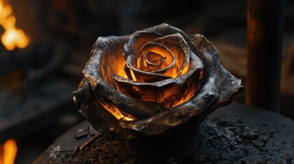 Unique handcrafted iron rose glowing in a forge with hot metal accents showcasing traditional blacksmith craftsmanship