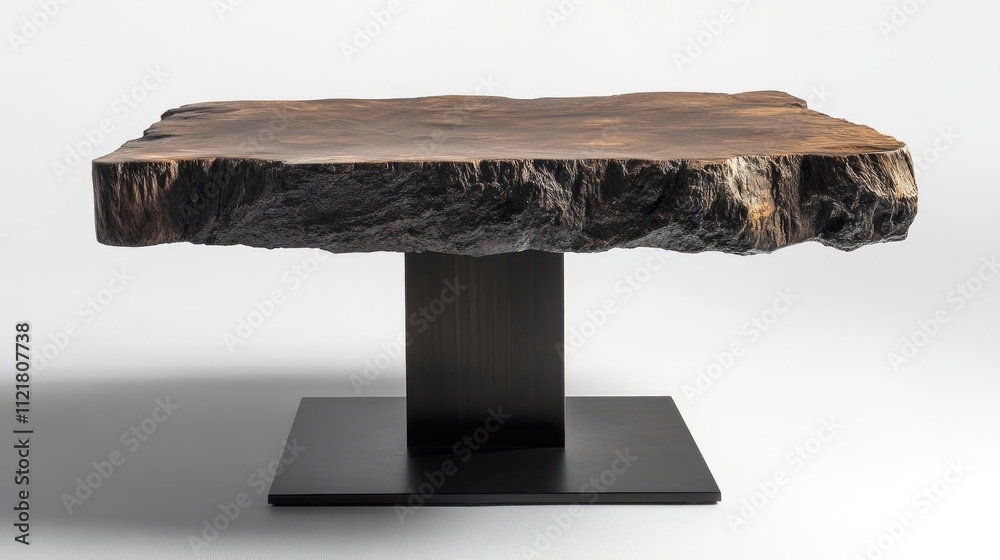 Poster cube shaped table with black metal base and natural dark wood tabletop showcasing modern design and 