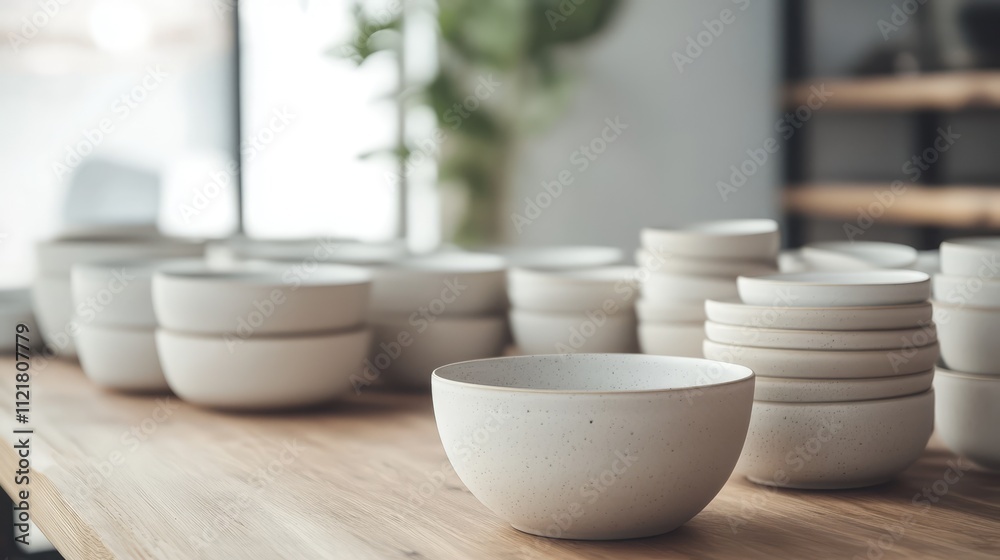 Aufkleber minimalist table setting with ceramic dinnerware in soft natural light on wooden surface showcasing 