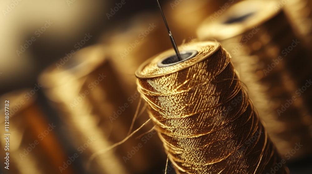 Poster golden sewing threads and a needle on spools against a dark background showcasing texture and crafts