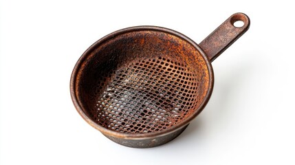 Worn single shot basket for espresso machine portafilter isolated on white showcasing rustic texture and aged metal craftsmanship