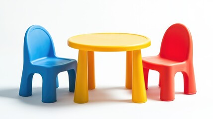 Colorful plastic table and chairs set designed for young children isolated on white background