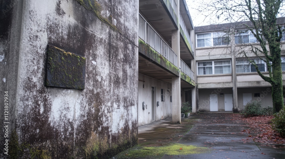 Poster Weathered cement walls with moss growth showcasing rustic charm in an urban setting surrounded by fallen leaves and a stark building facade.