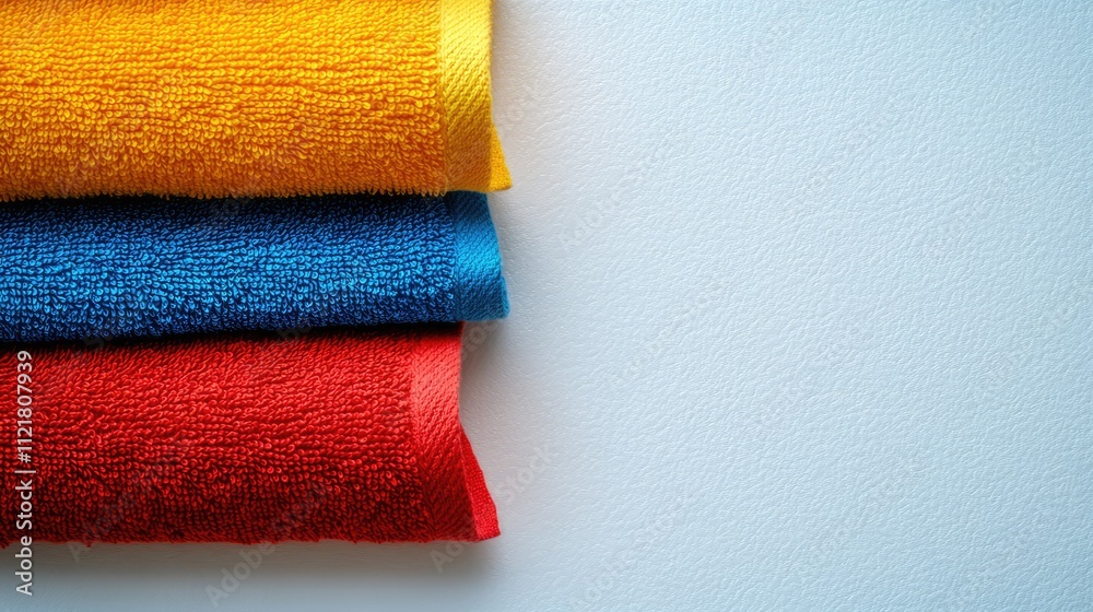 Poster colorful towels neatly stacked on a clean white background showcasing vibrant hues for a fresh and i