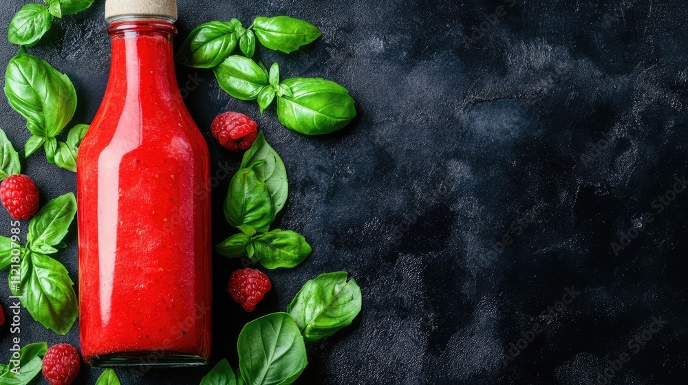 Poster red fruit juice with basil seeds in a clear bottle surrounded by fresh basil leaves and raspberries 