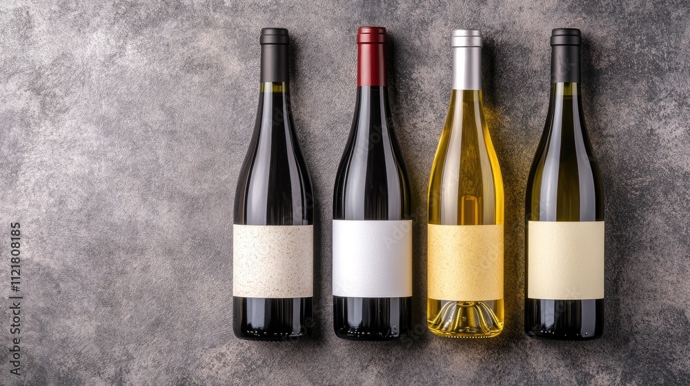 Aufkleber Elegant arrangement of wine bottles on a textured background with blank labels ideal for branding or advertising purposes
