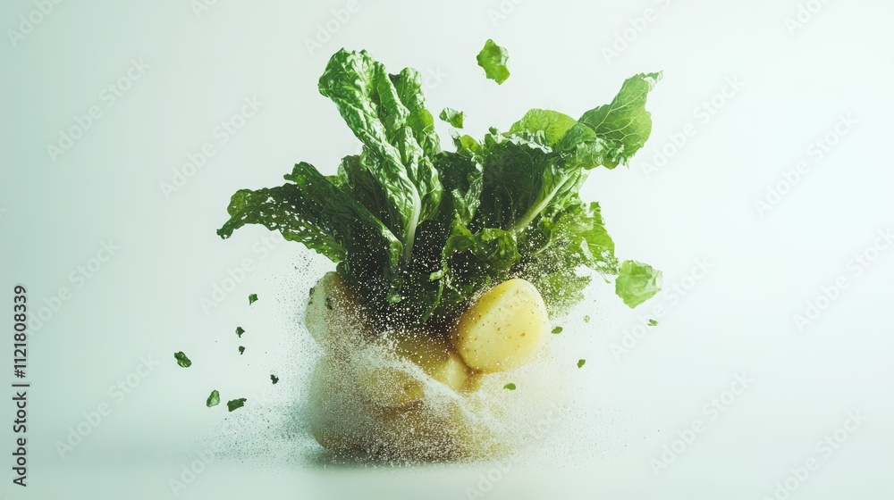 Poster fresh chard and potatoes splashing in mid-air with a clean white background showcasing vibrant color