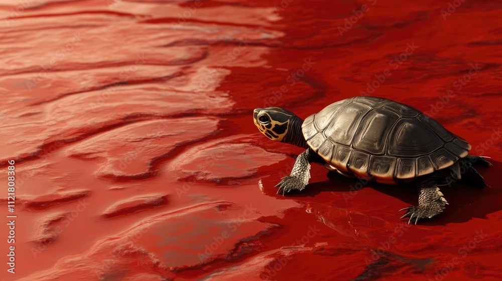 Poster Turtle on Red Water Surface with Unique Texture Pattern Underlying Artistic Design and Nature Elements in a Calm Setting