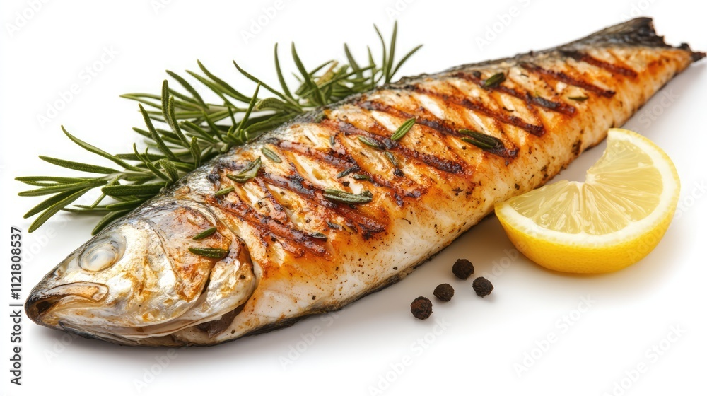 Poster grilled mackerel garnished with rosemary and lemon displayed on a clean white background highlightin