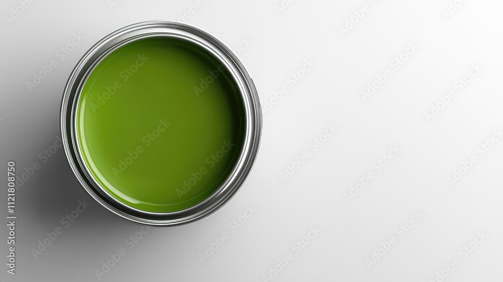 Poster Top view of an open paint can with vibrant green paint against a clean white background showcasing color options for design projects