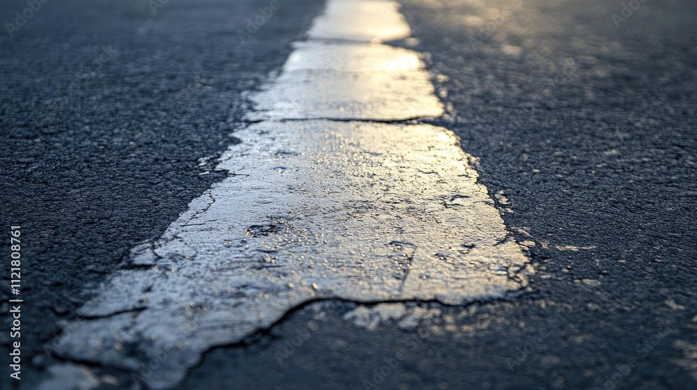 Poster Tire marks and worn pavement surface with reflective light creating texture and contrast in urban setting