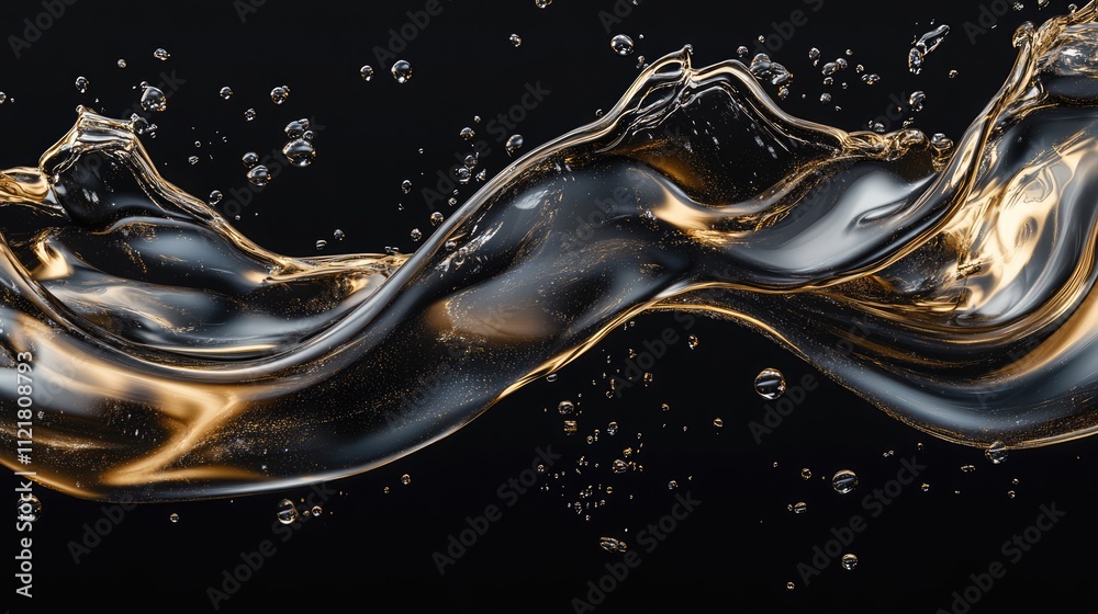 Poster dynamic splash of transparent liquid in motion with bubbles isolated on dark background showcasing f