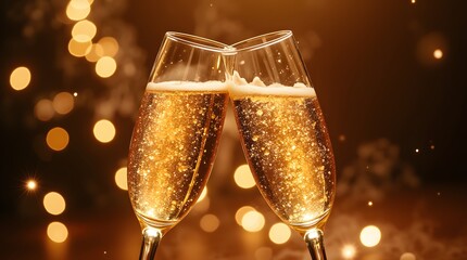 Cheers to the sparkling night! Two glasses of champagne clink together against a warm, golden bokeh background, celebrating joy and new beginnings.