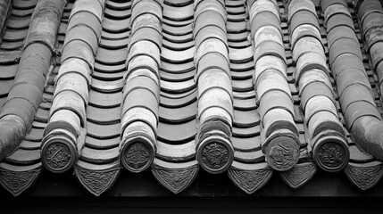 Traditional Chinese Curved Roof Tiles in Monochrome with Intricate Detailing and Elegant Design Patterns