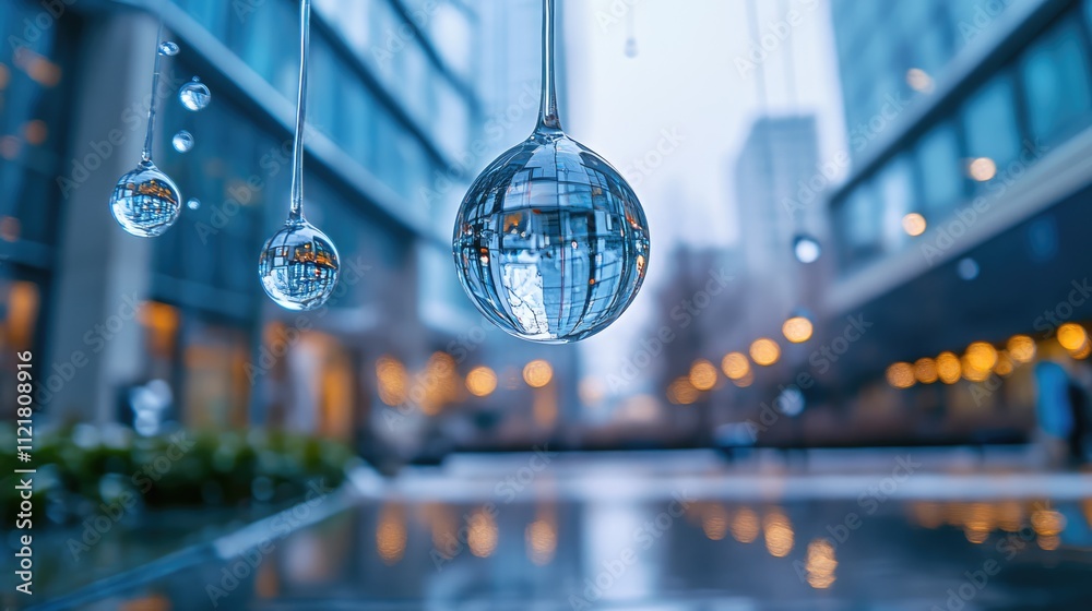 Poster macro photograph showcasing dew drops reflecting urban architecture on a serene winter morning with 