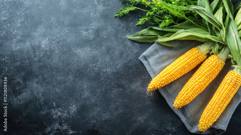 Poster freshly harvested sweet corn ears on dark textured background with space for text close up of natura
