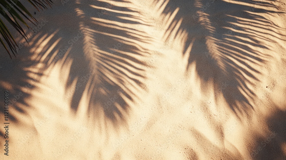 Poster Top view of sandy beach texture with palm tree shadows creating a serene summer vacation holiday atmosphere