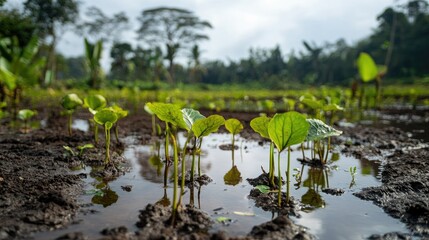 Taro plants thriving in muddy water amidst lush greenery in East Java Indonesia during a sunny day.