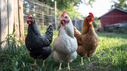 Three chickens grazing in a sunny outdoor farm setting surrounded by grass and wooden fences showcasing natural free-range farming practices