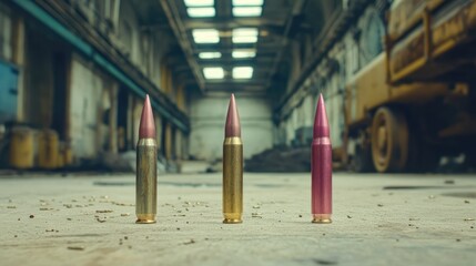 Three distinct types of ammunition arranged on a gritty factory floor emphasizing their differences and design in a historical setting