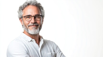 Isolated white background with an elegant smiling mature casual man portrait