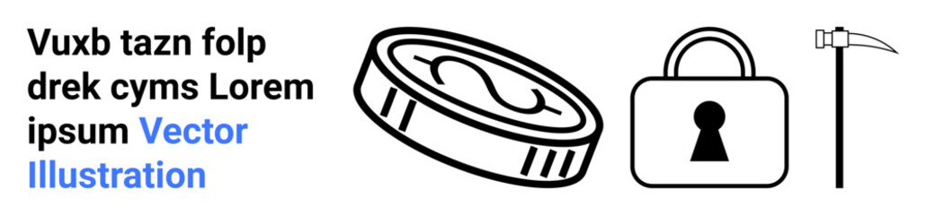 Coin with dollar sign, padlock with keyhole, and mining pickaxe representing digital security, cryptocurrency, and data protection. Ideal for fintech, security, cryptocurrency, digital transactions