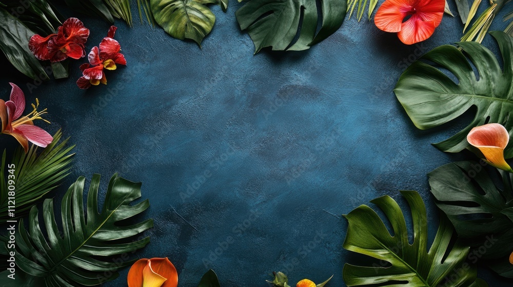 Poster Tropical leaves and colorful flowers creating a flat lay background for design projects with ample copyspace for text or graphics