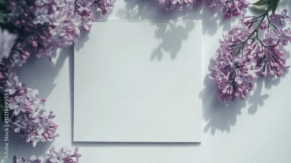 Wall mural spring lilac flowers frame a blank notepad on a white background creating a serene and delicate flor