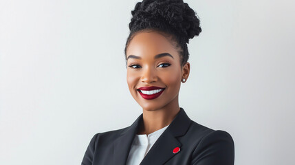 A flight attendant in a smart uniform, smiling kindly, standing confidently against a blank white background, radiating professionalism and approachability.
