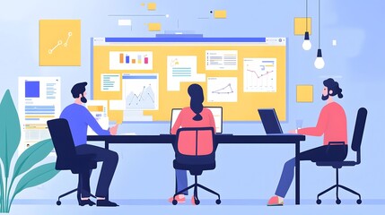 A team discussing customer segmentation strategies with charts and graphs on a desk.
