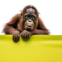 Curious Orangutan Peeking Over Yellow and Black Panel Isolated on White