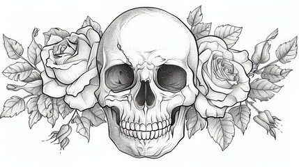 Intricate tattoo design of a skull surrounded by roses in classic engraving style illustration