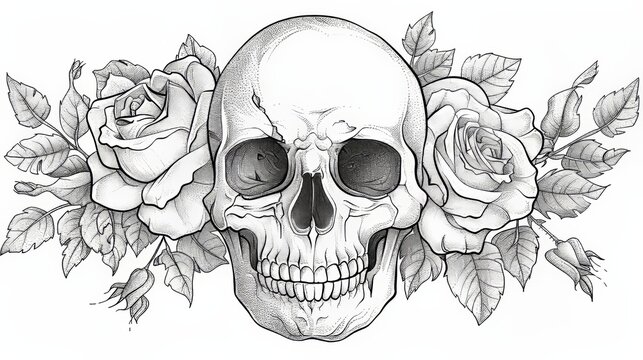 Intricate tattoo design of a skull surrounded by roses in classic engraving style illustration